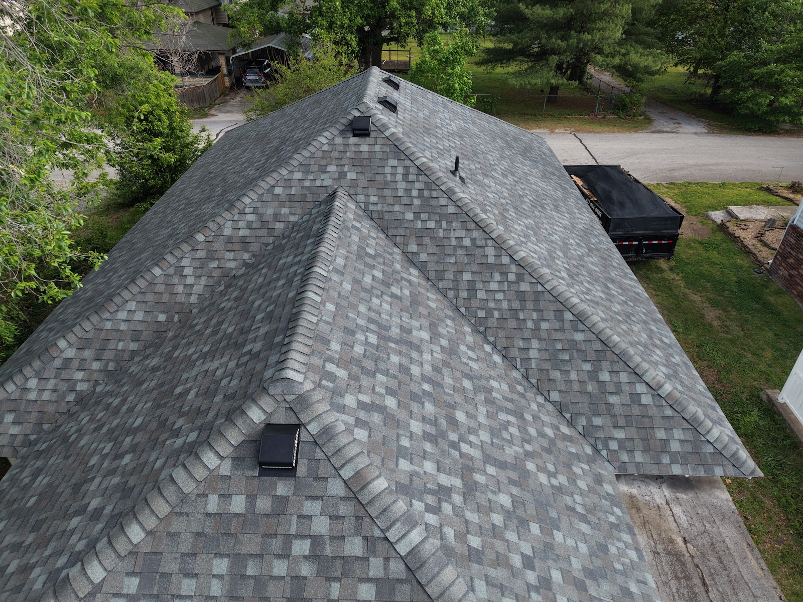 Aerial view of a newly shingled roof